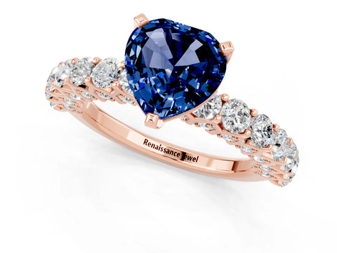 Rose gold Heart Cut Blue Sapphire Solitaire Ring with Shared Prong Pavé Band and Four-Prong Setting_13