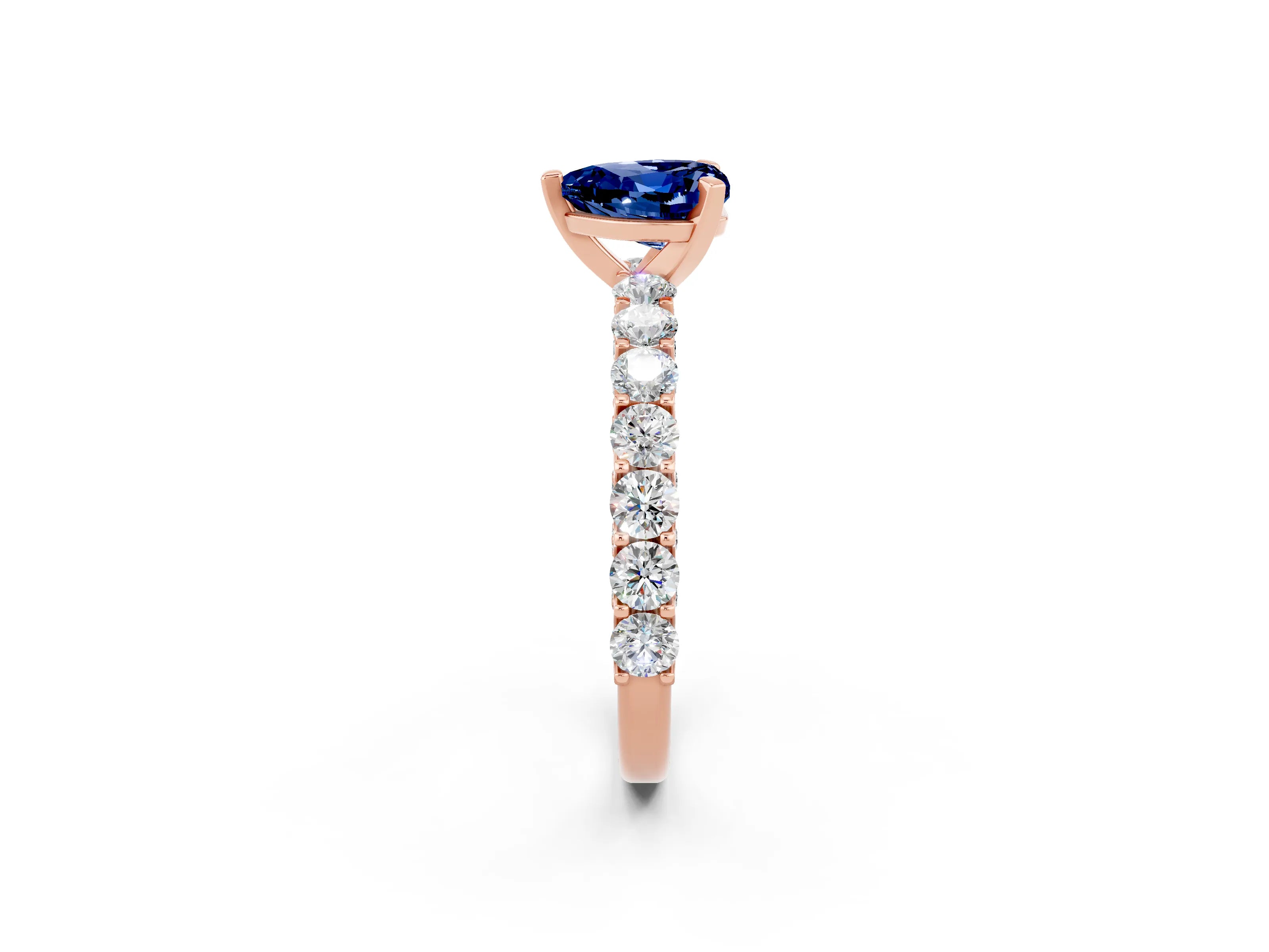 Rose gold Heart Cut Blue Sapphire Solitaire Ring with Shared Prong Pavé Band and Four-Prong Setting_14