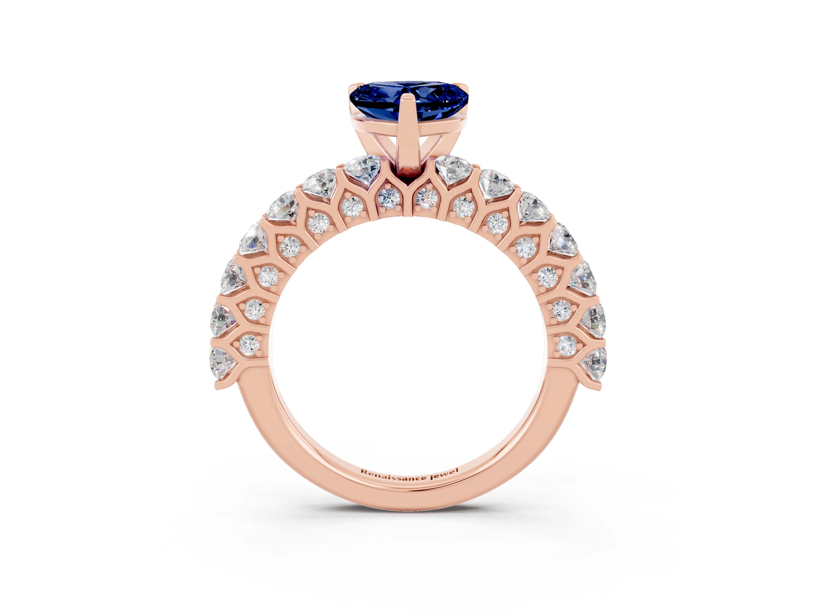Rose gold Heart Cut Blue Sapphire Solitaire Ring with Shared Prong Pavé Band and Four-Prong Setting_15