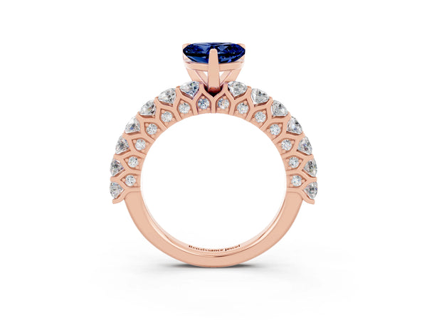 Rose gold Heart Cut Blue Sapphire Solitaire Ring with Shared Prong Pavé Band and Four-Prong Setting