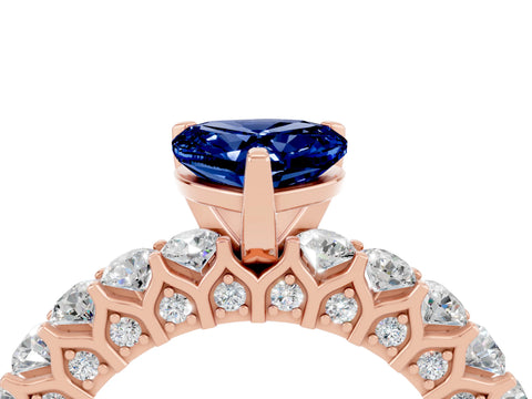 Rose gold Heart Cut Blue Sapphire Solitaire Ring with Shared Prong Pavé Band and Four-Prong Setting_16