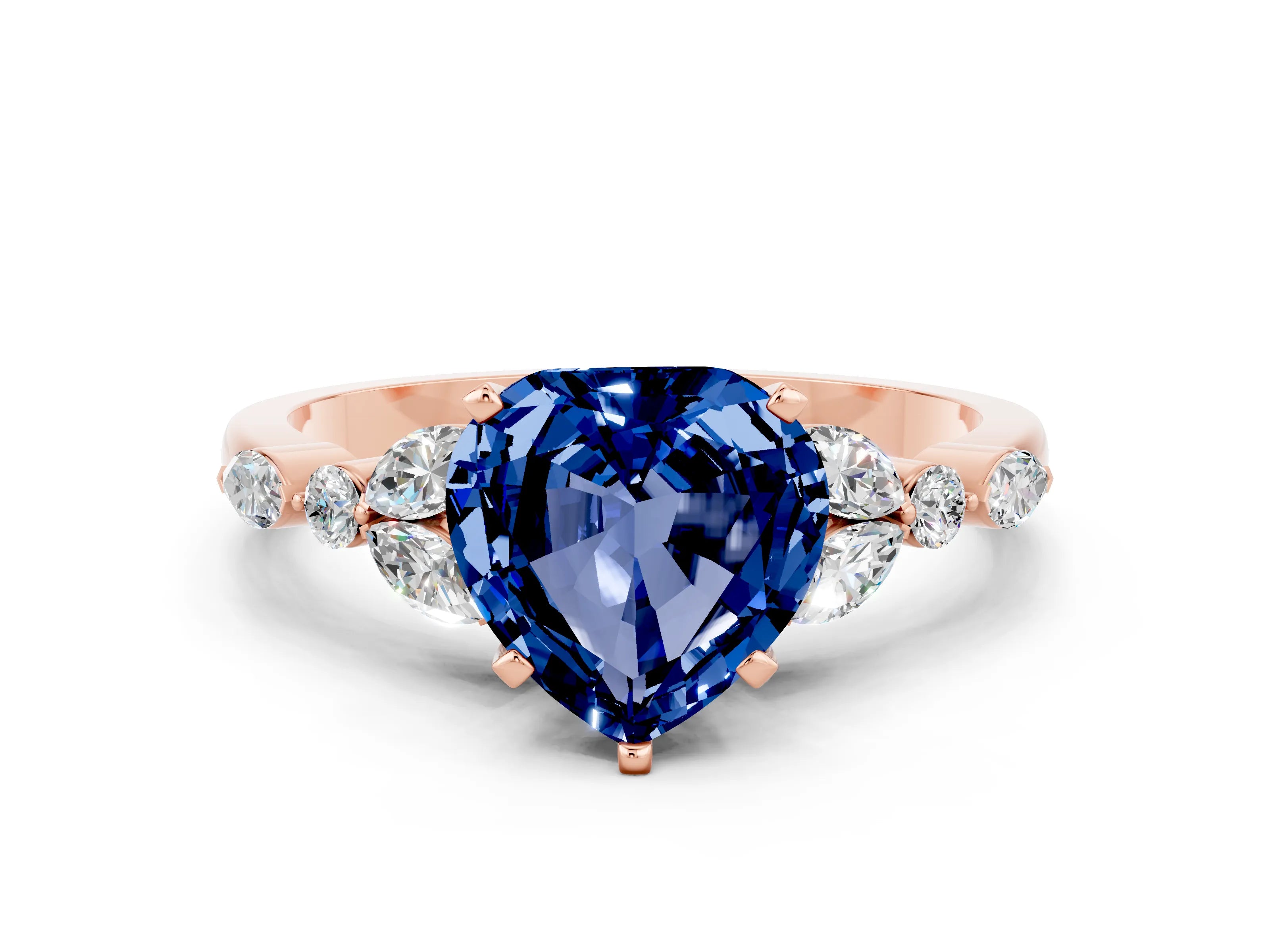 Rose gold Heart Cut Blue Sapphire Solitaire Ring with Side Stones and Four-Prong Setting_12