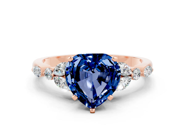 Rose gold Heart Cut Blue Sapphire Solitaire Ring with Side Stones and Four-Prong Setting