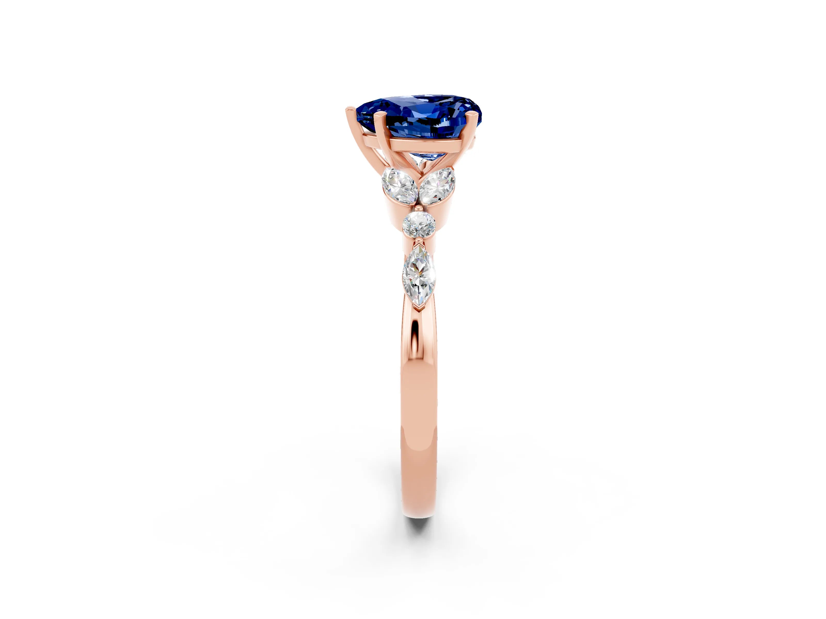 Rose gold Heart Cut Blue Sapphire Solitaire Ring with Side Stones and Four-Prong Setting_14
