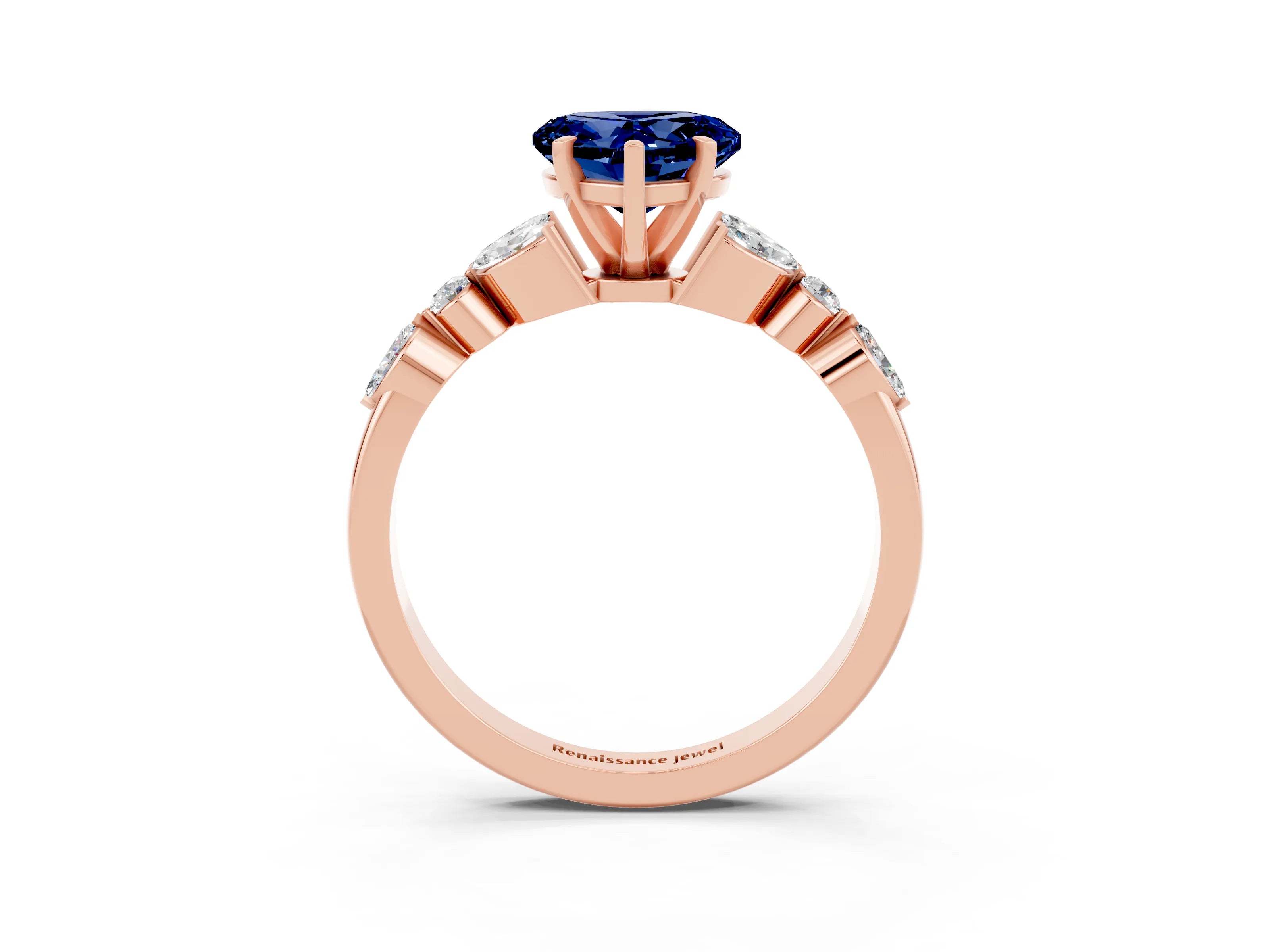 Rose gold Heart Cut Blue Sapphire Solitaire Ring with Side Stones and Four-Prong Setting_15