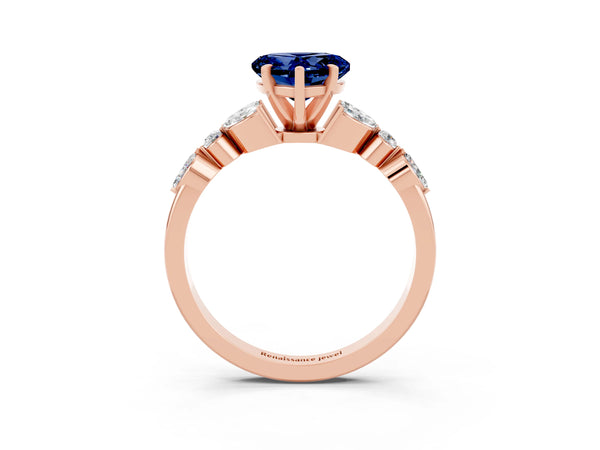 Rose gold Heart Cut Blue Sapphire Solitaire Ring with Side Stones and Four-Prong Setting