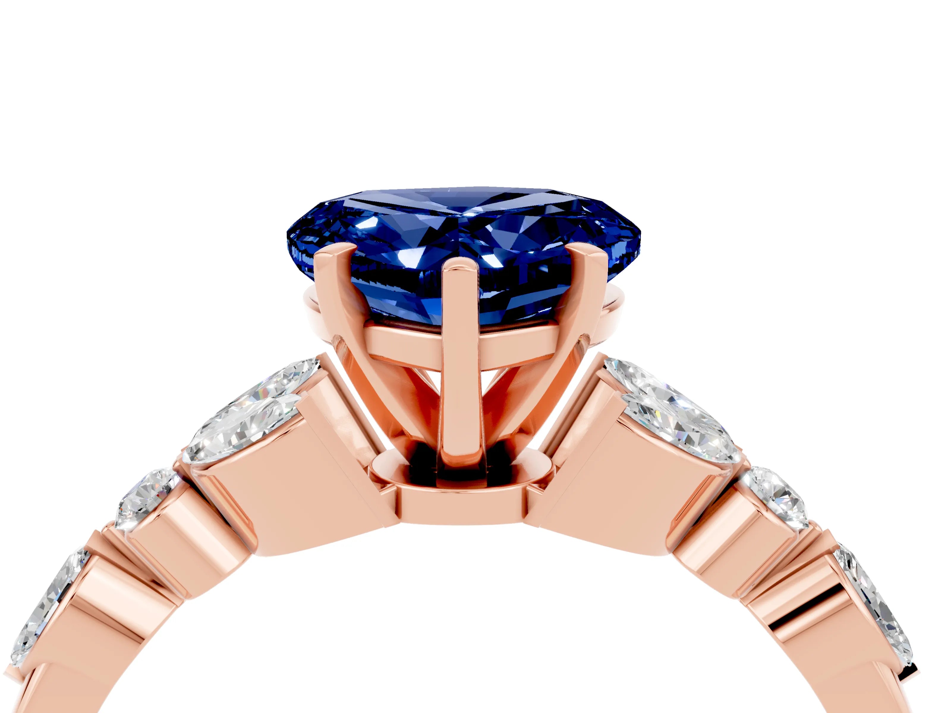 Rose gold Heart Cut Blue Sapphire Solitaire Ring with Side Stones and Four-Prong Setting_16