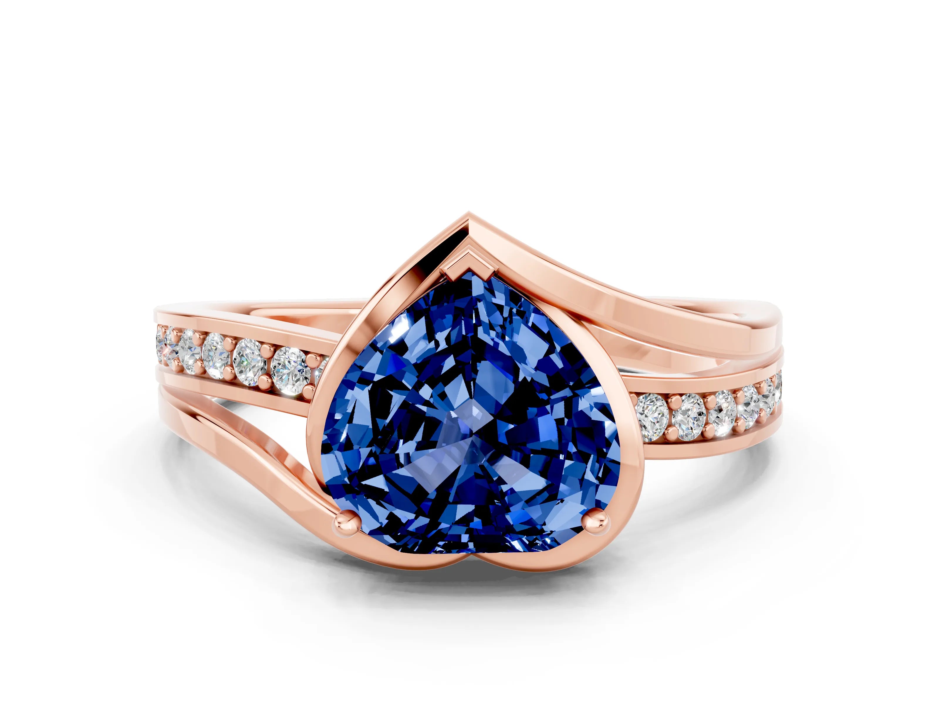 Rose gold Heart Cut Blue Sapphire Solitaire Ring with Split Shank and Prong Setting