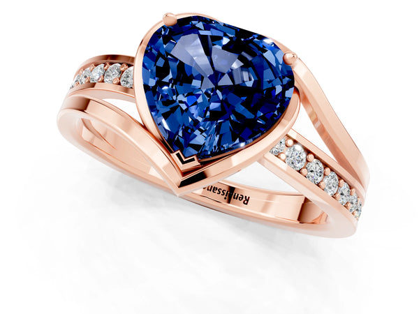 Rose gold Heart Cut Blue Sapphire Solitaire Ring with Split Shank and Prong Setting