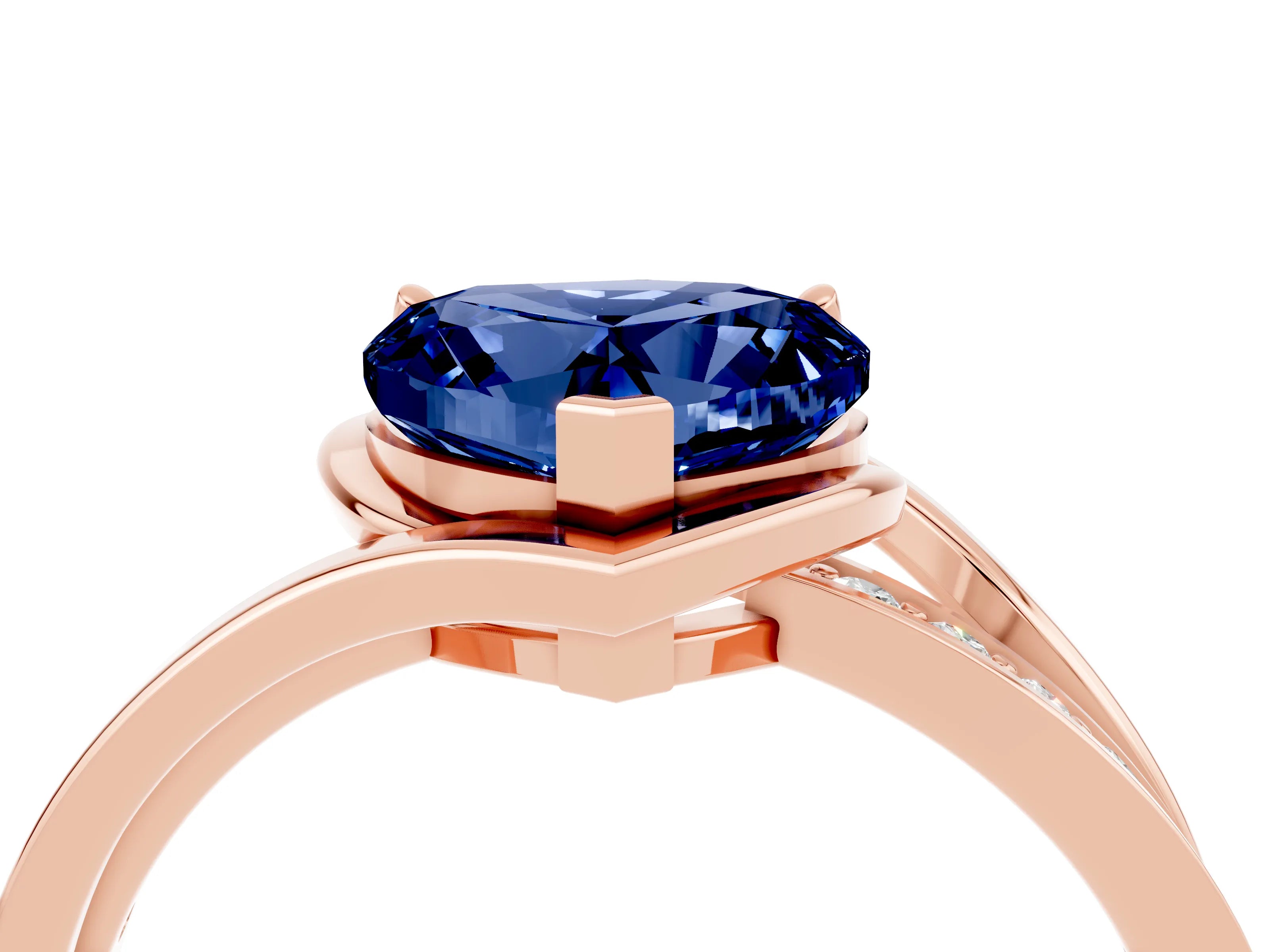 Rose gold Heart Cut Blue Sapphire Solitaire Ring with Split Shank and Prong Setting_4