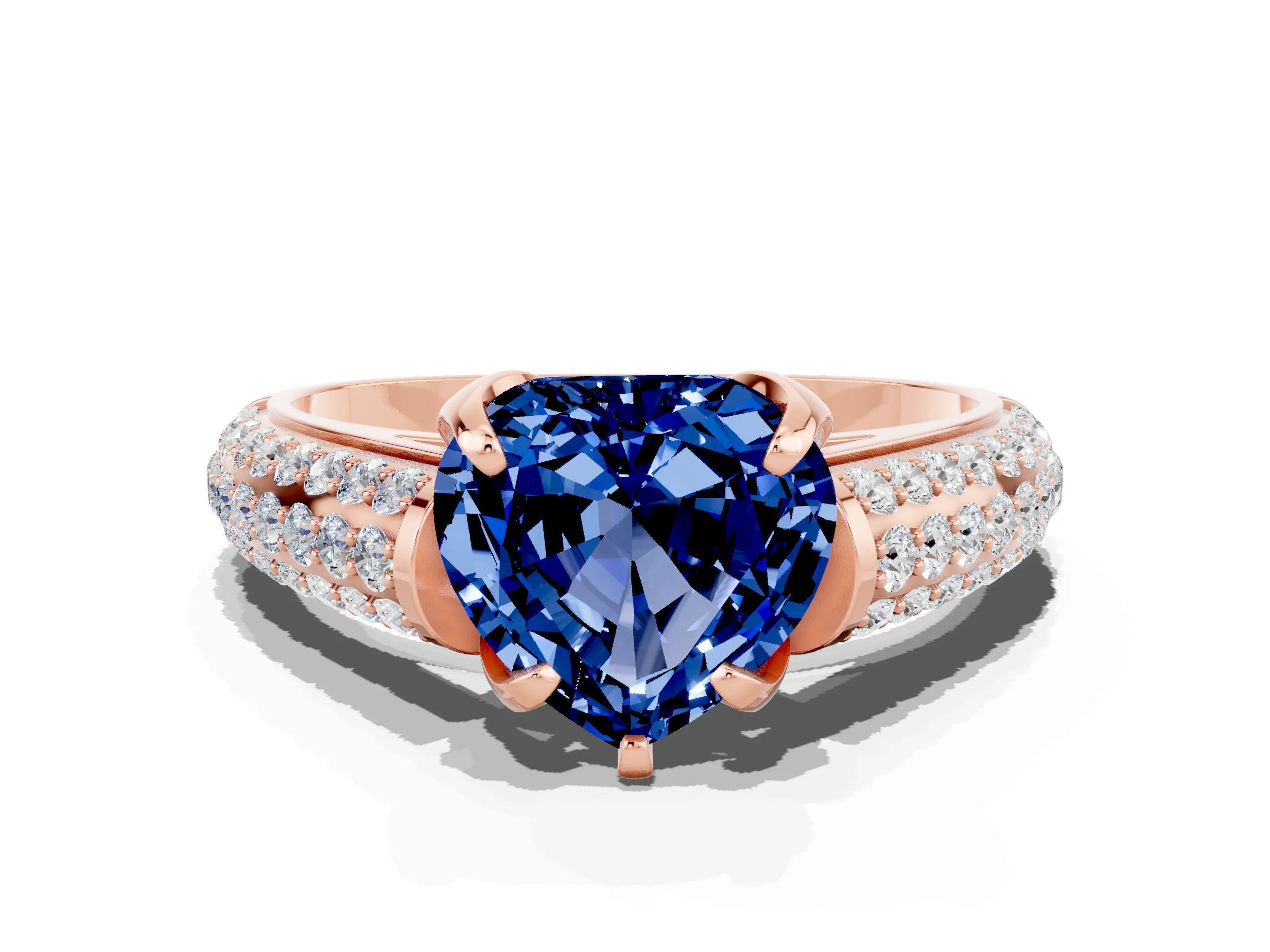 Rose gold Heart Cut Blue Sapphire Solitaire Ring with Three-Row Pavé Band and Four-Prong Setting_12