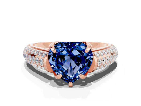 Rose gold Heart Cut Blue Sapphire Solitaire Ring with Three-Row Pavé Band and Four-Prong Setting