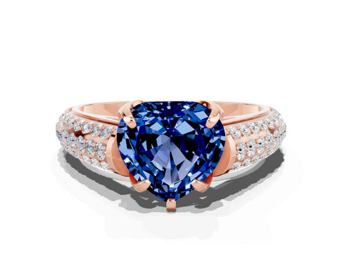 Rose gold Heart Cut Blue Sapphire Solitaire Ring with Three-Row Pavé Band and Four-Prong Setting_12