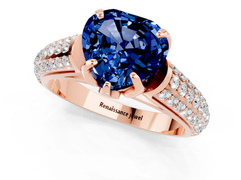 Rose gold Heart Cut Blue Sapphire Solitaire Ring with Three-Row Pavé Band and Four-Prong Setting_13