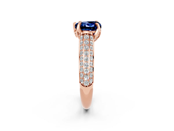 Rose gold Heart Cut Blue Sapphire Solitaire Ring with Three-Row Pavé Band and Four-Prong Setting