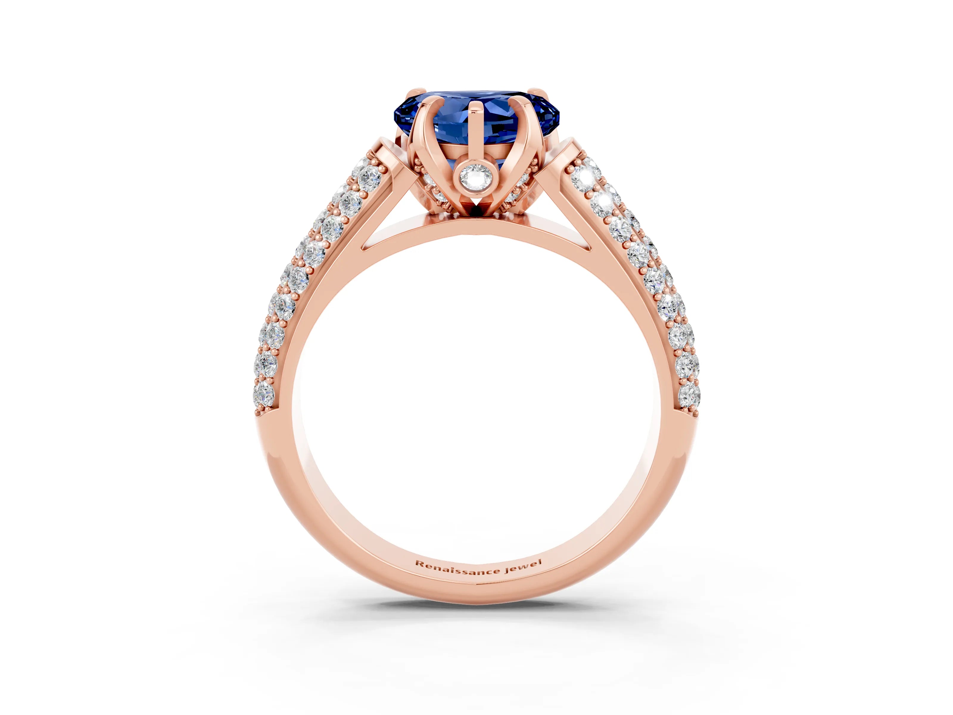 Rose gold Heart Cut Blue Sapphire Solitaire Ring with Three-Row Pavé Band and Four-Prong Setting_15