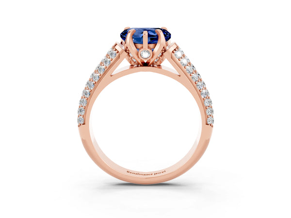 Rose gold Heart Cut Blue Sapphire Solitaire Ring with Three-Row Pavé Band and Four-Prong Setting