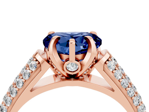 Rose gold Heart Cut Blue Sapphire Solitaire Ring with Three-Row Pavé Band and Four-Prong Setting_16