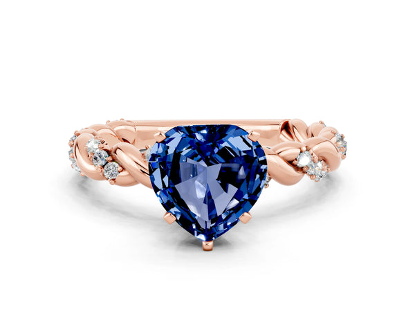 Rose gold Heart Cut Blue Sapphire Solitaire Ring with Twisted Band and Pavé Accents