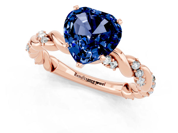 Rose gold Heart Cut Blue Sapphire Solitaire Ring with Twisted Band and Pavé Accents
