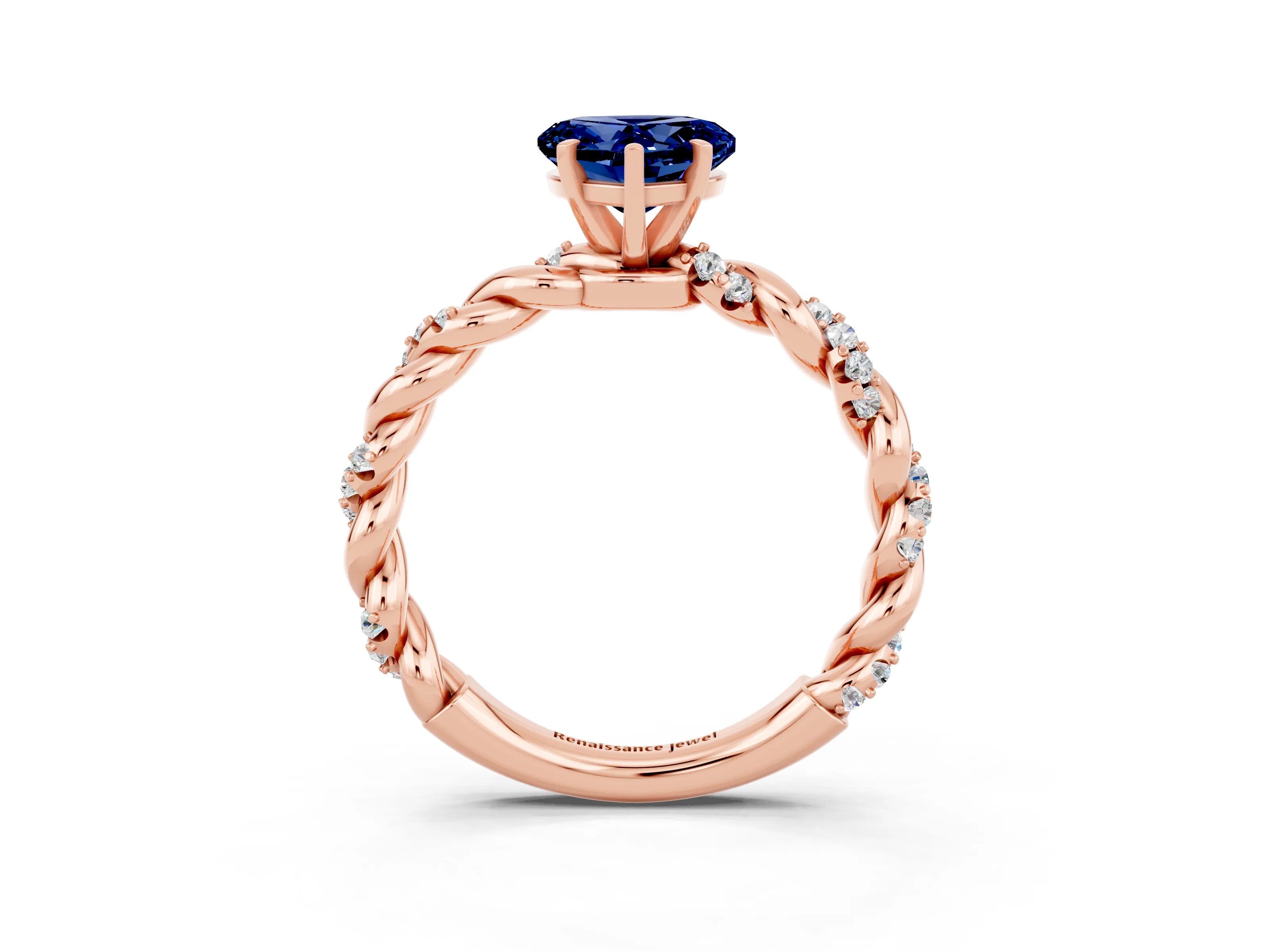 Rose gold Heart Cut Blue Sapphire Solitaire Ring with Twisted Band and Pavé Accents_3