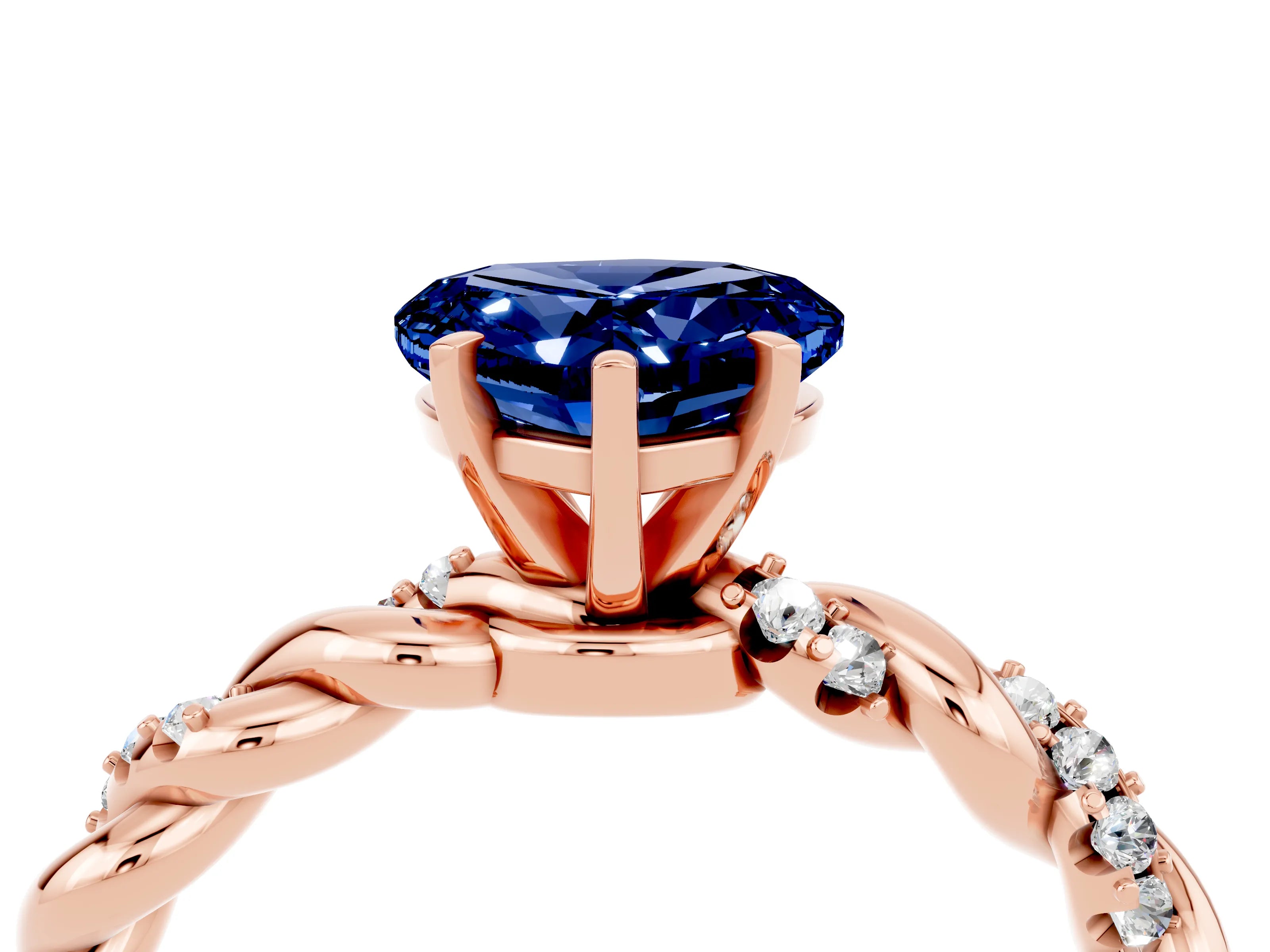 Rose gold Heart Cut Blue Sapphire Solitaire Ring with Twisted Band and Pavé Accents_4