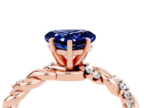 Rose gold Heart Cut Blue Sapphire Solitaire Ring with Twisted Band and Pavé Accents_4