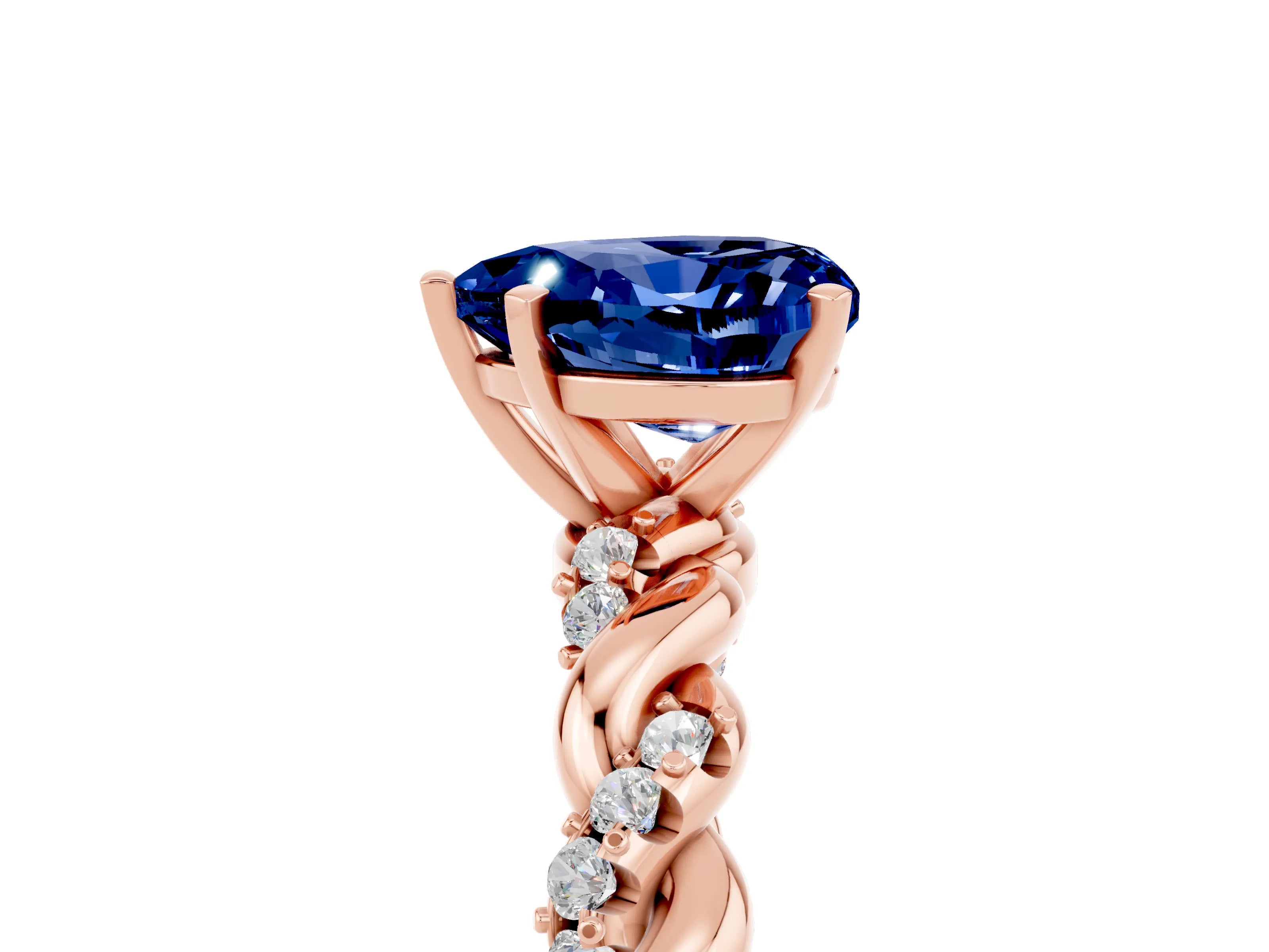 Rose gold Heart Cut Blue Sapphire Solitaire Ring with Twisted Band and Pavé Accents_5