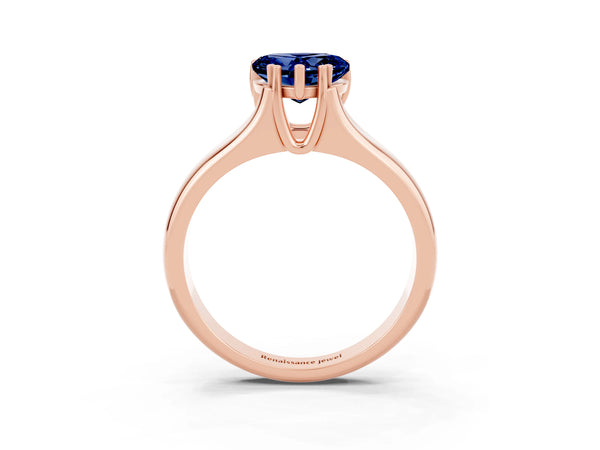 Rose gold Heart Cut Blue Sapphire Solitaire Ring with Wide Band and Prong Setting