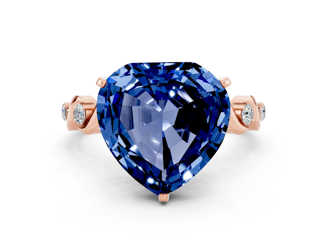 Rose gold Heart Cut Blue Sapphire Solitaire Twisted Band with Round  Accents and Prong Setting_12