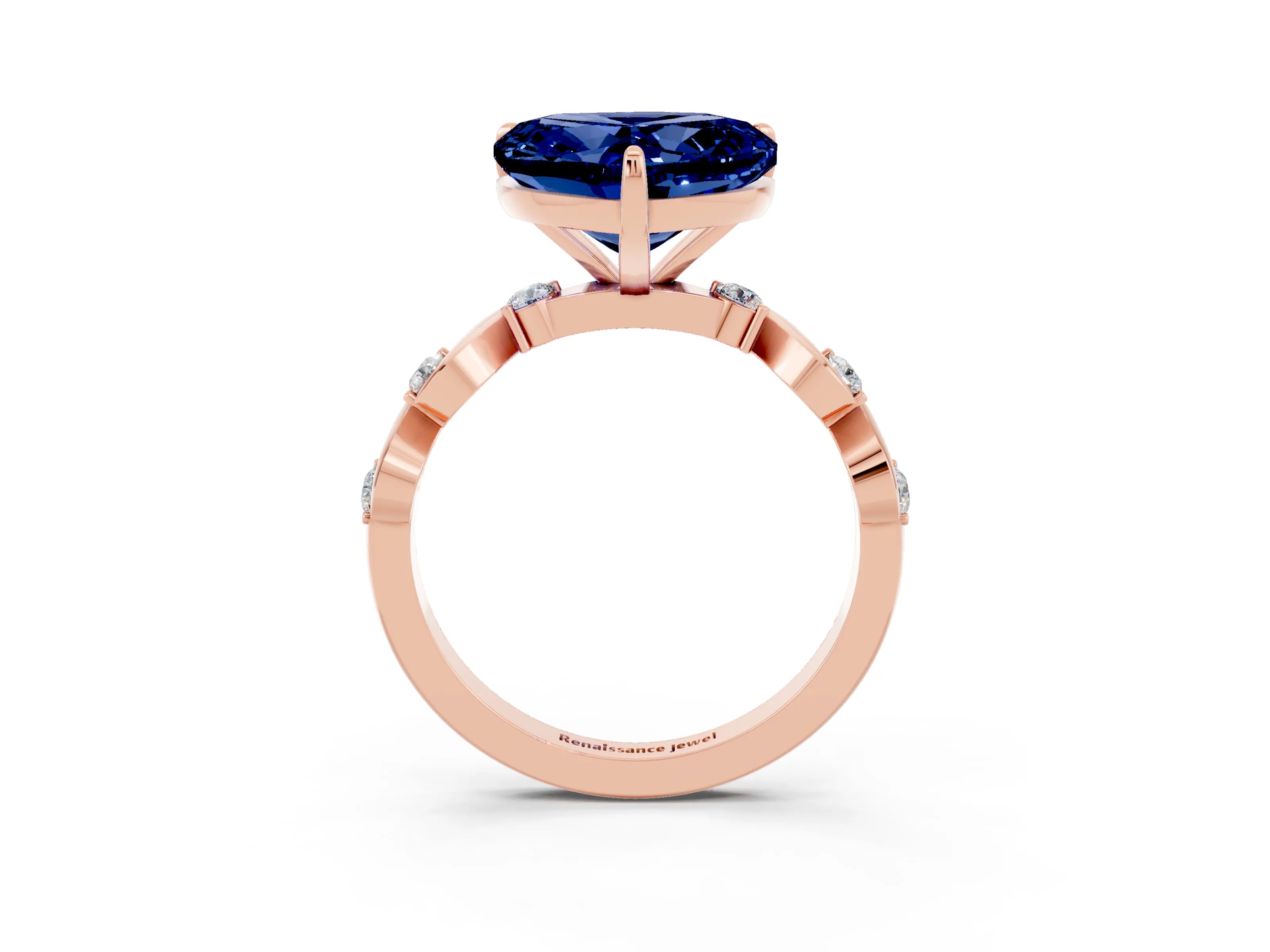 Rose gold Heart Cut Blue Sapphire Solitaire Twisted Band with Round  Accents and Prong Setting_15