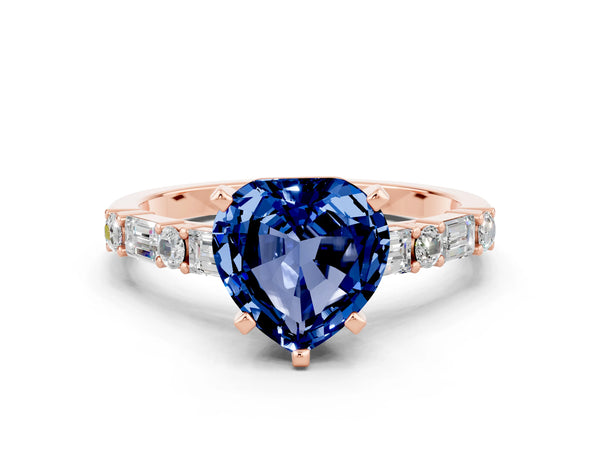 Rose gold Heart Cut Blue Sapphire Solitaire with Side Baguettes and Channel Set Band