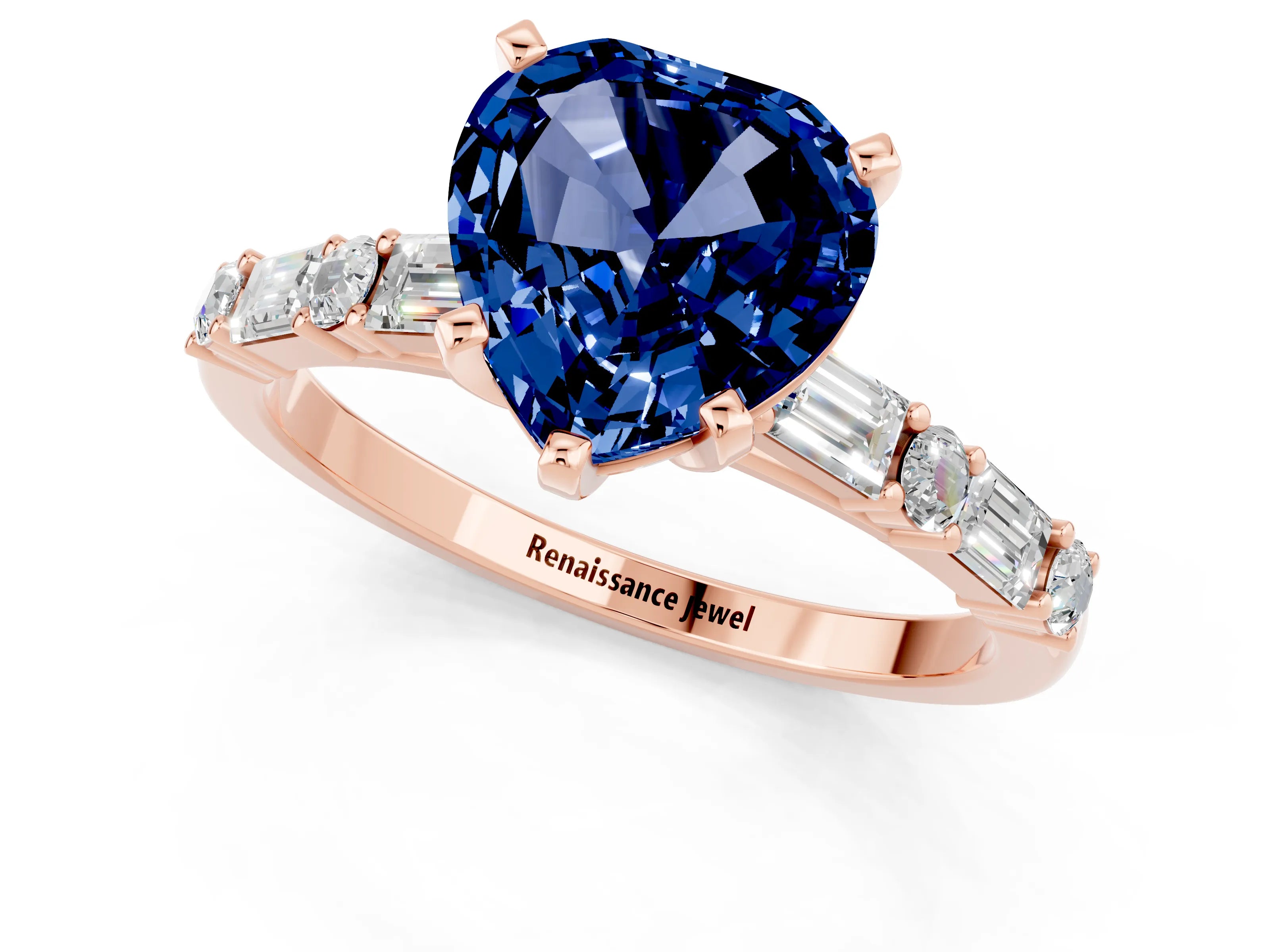Rose gold Heart Cut Blue Sapphire Solitaire with Side Baguettes and Channel Set Band_1