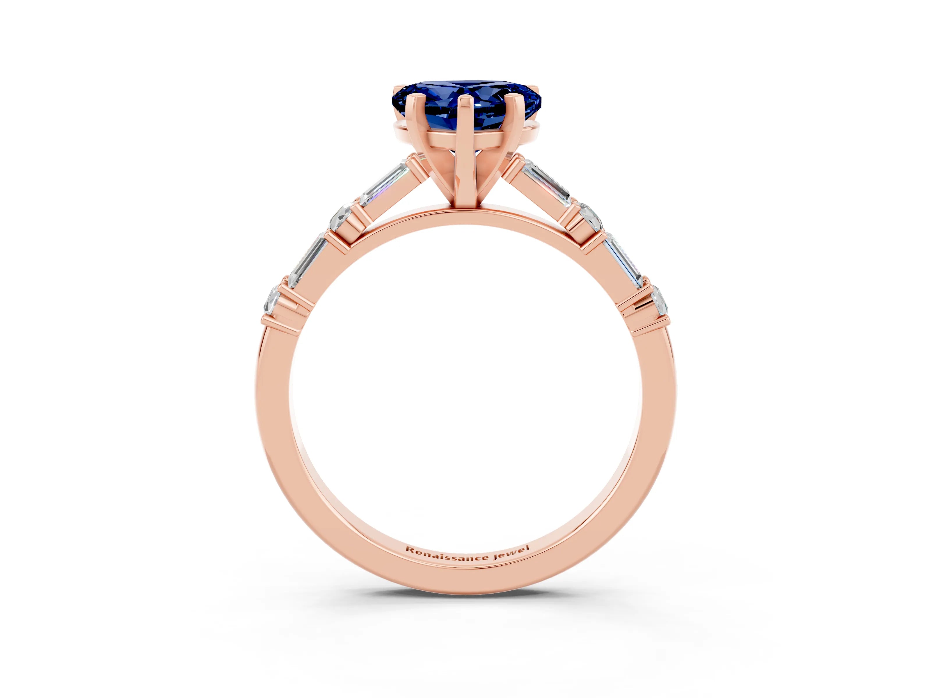 Rose gold Heart Cut Blue Sapphire Solitaire with Side Baguettes and Channel Set Band_3