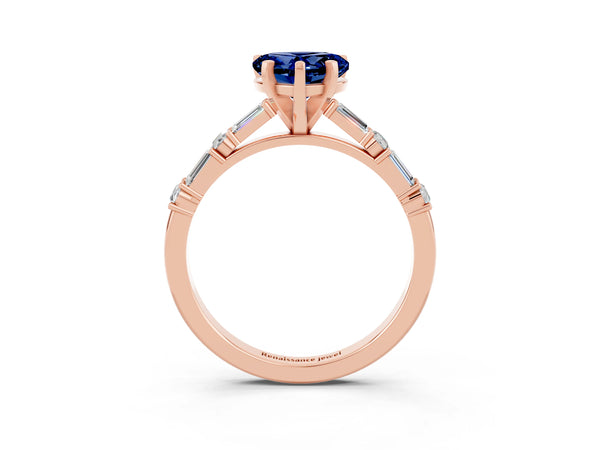 Rose gold Heart Cut Blue Sapphire Solitaire with Side Baguettes and Channel Set Band