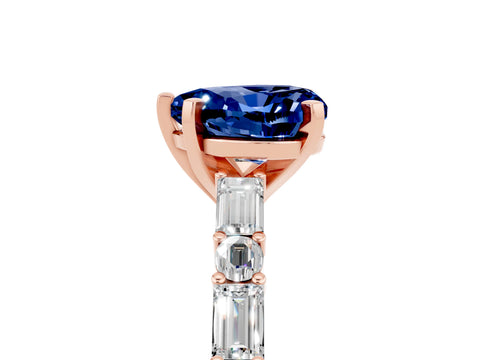 Rose gold Heart Cut Blue Sapphire Solitaire with Side Baguettes and Channel Set Band_5