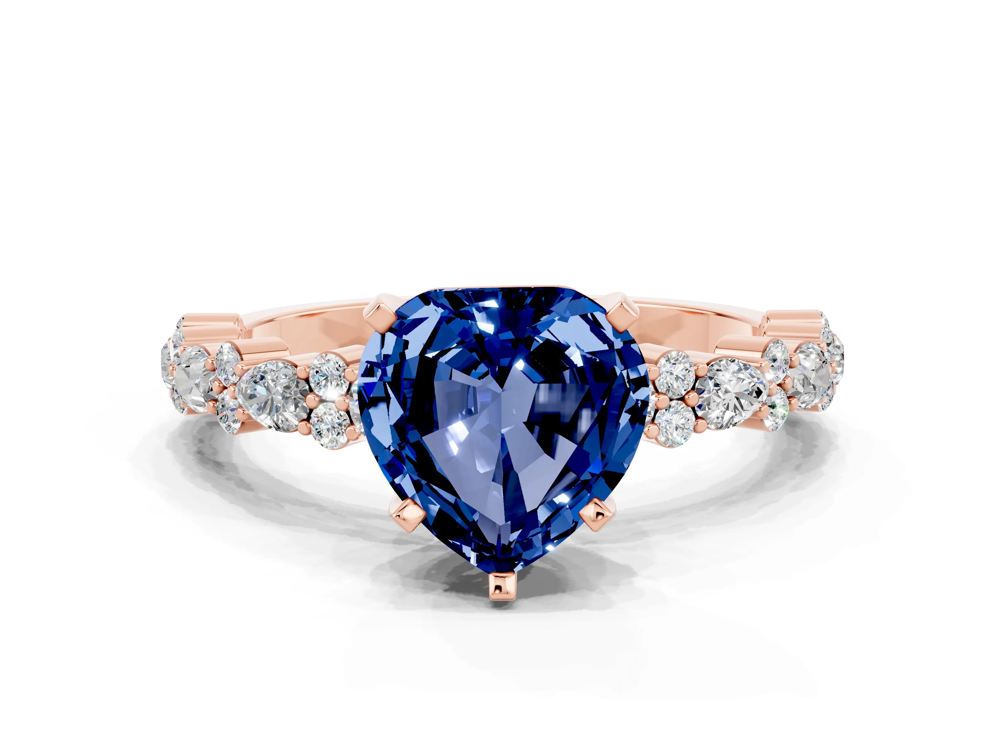 Rose gold Heart Cut Blue Sapphire Solitaire with Side Stones, Pave Band, Four-Prong Setting_36