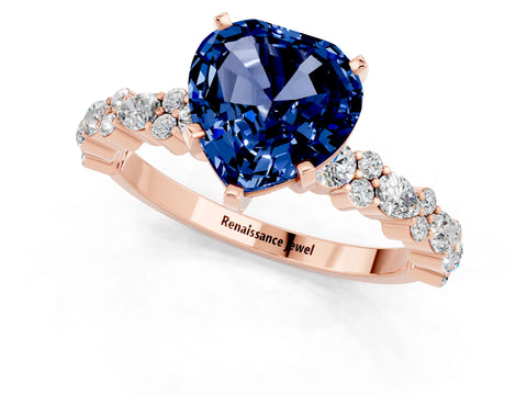 Rose gold Heart Cut Blue Sapphire Solitaire with Side Stones, Pave Band, Four-Prong Setting_37