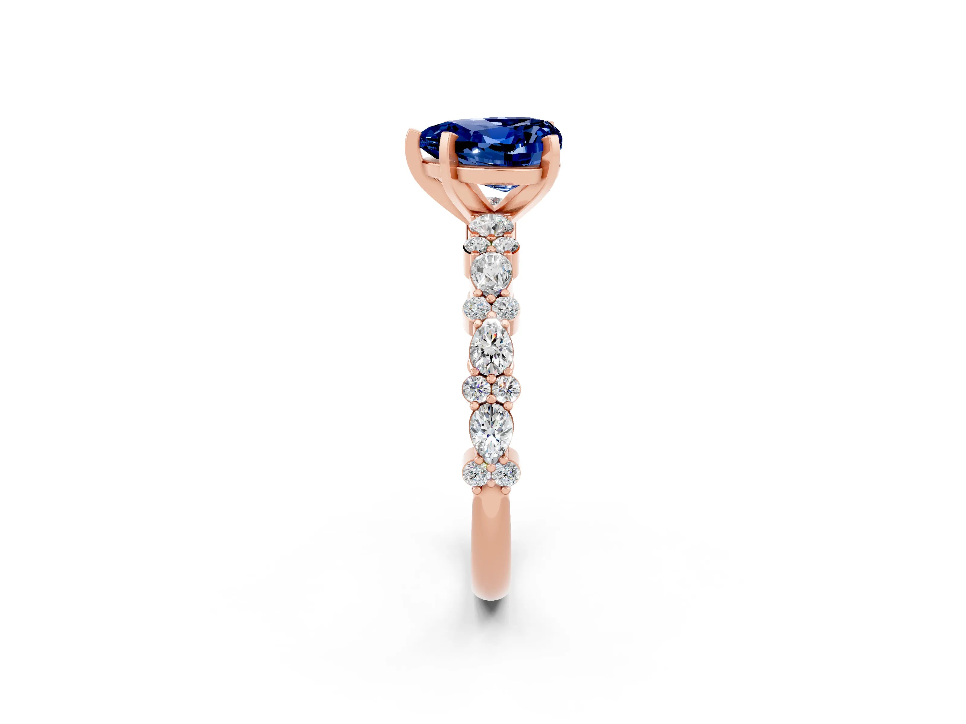 Rose gold Heart Cut Blue Sapphire Solitaire with Side Stones, Pave Band, Four-Prong Setting_38