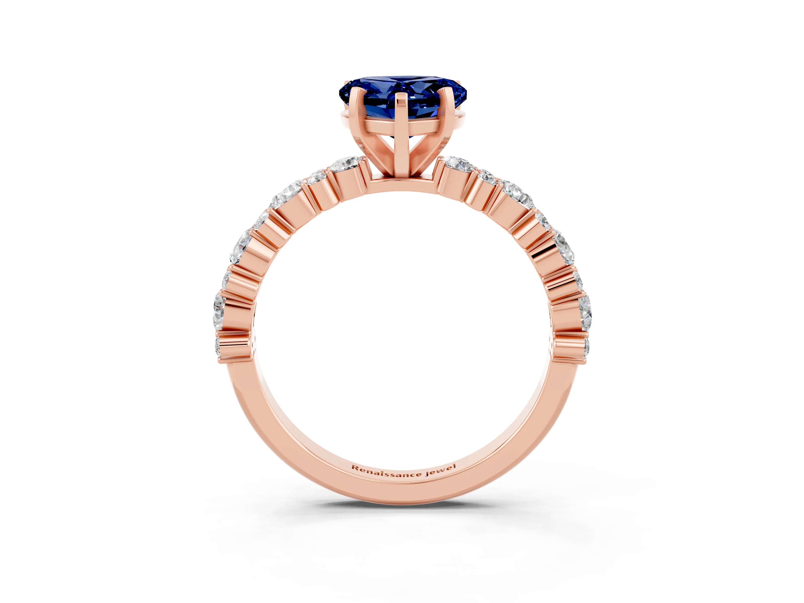 Rose gold Heart Cut Blue Sapphire Solitaire with Side Stones, Pave Band, Four-Prong Setting_39