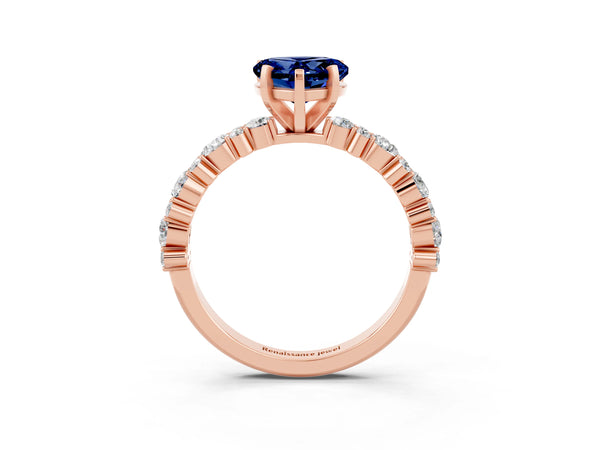 Rose gold Heart Cut Blue Sapphire Side Stone Solitaire Ring with Round  and Four-Prong Setting