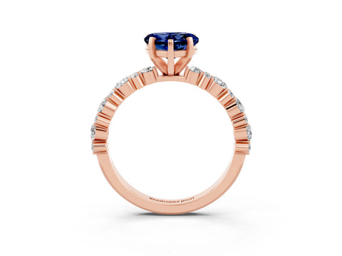 Rose gold Heart Cut Blue Sapphire Solitaire with Side Stones, Pave Band, Four-Prong Setting_39