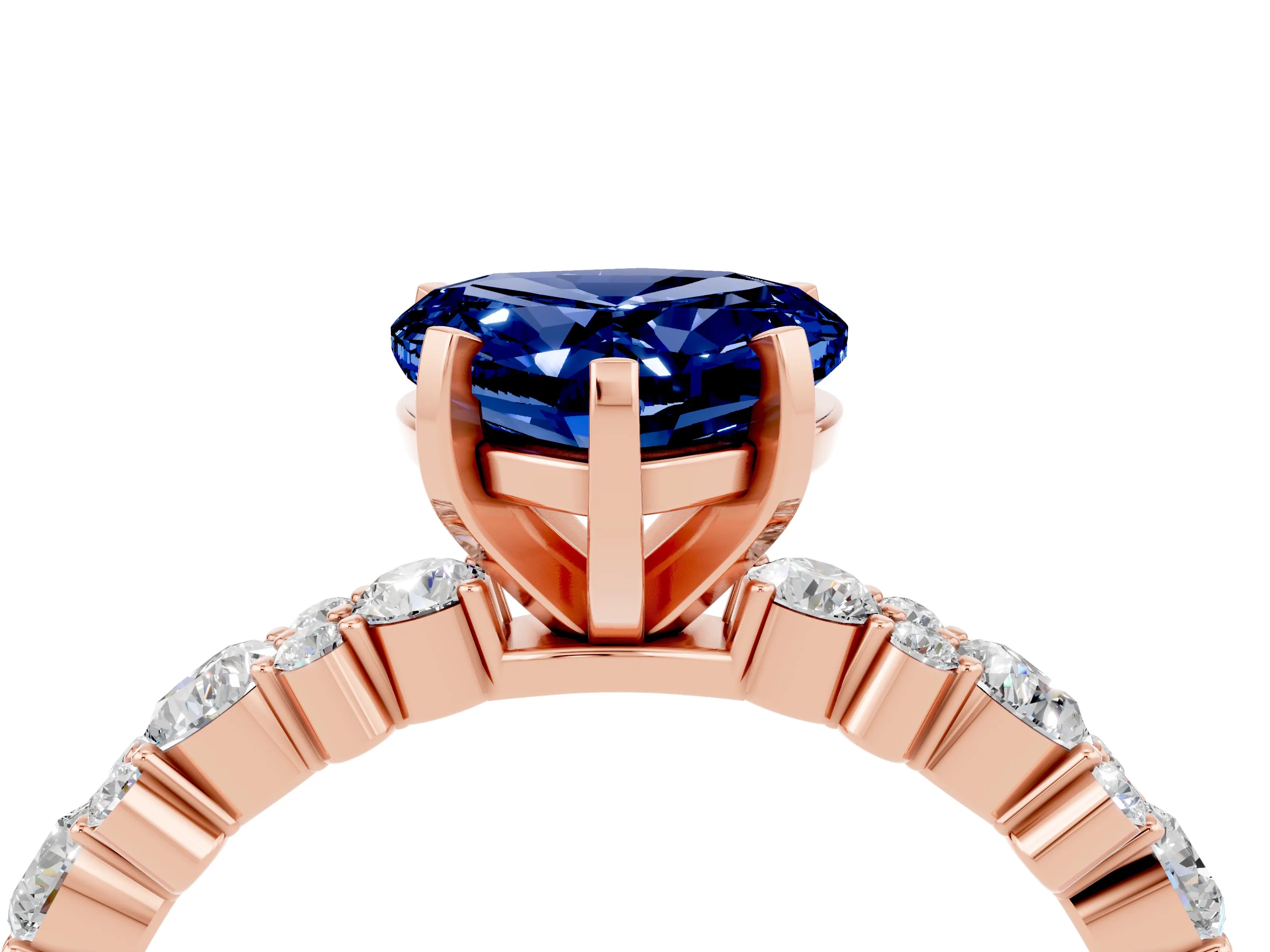 Rose gold Heart Cut Blue Sapphire Solitaire with Side Stones, Pave Band, Four-Prong Setting_40
