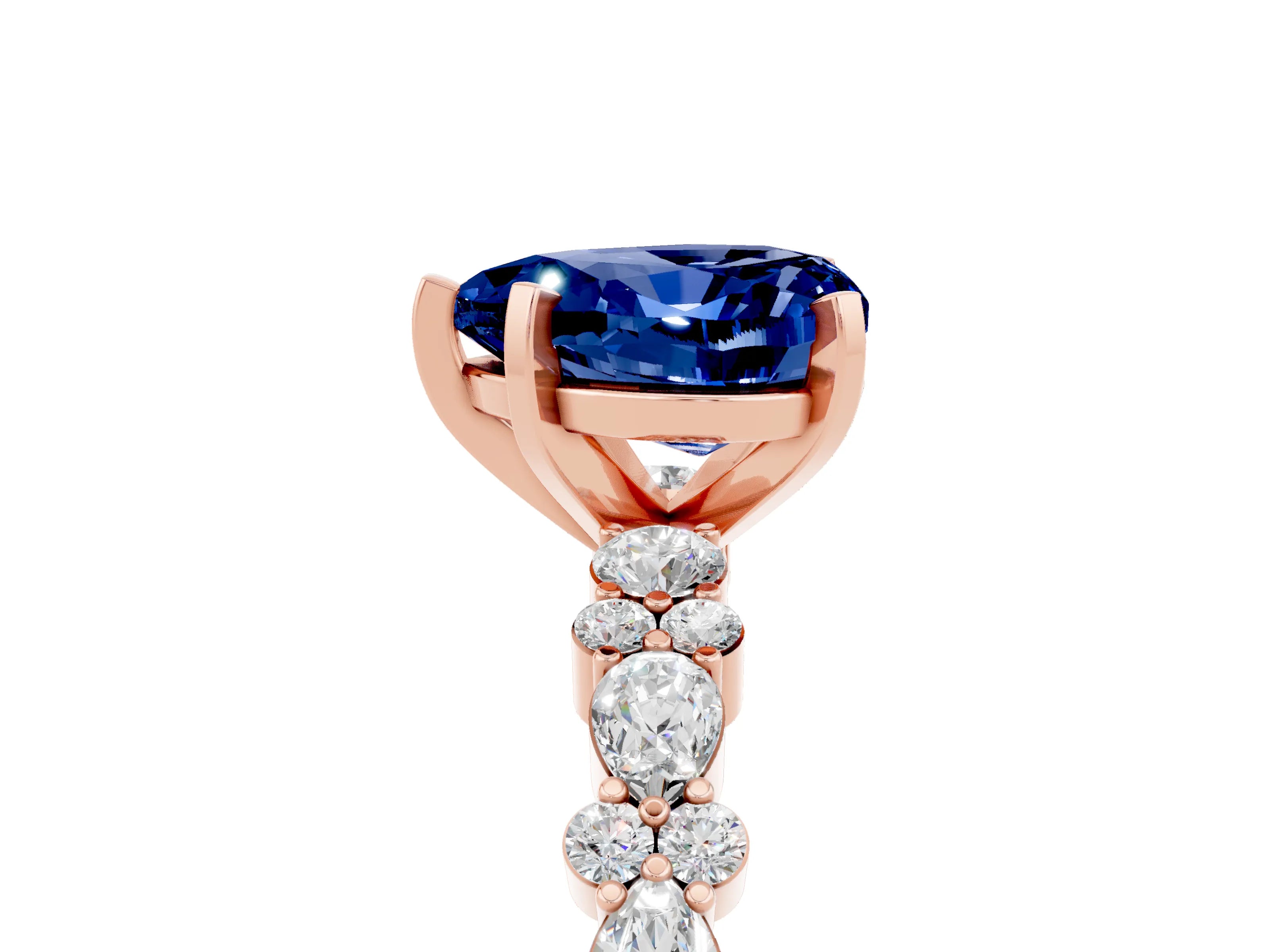 Rose gold Heart Cut Blue Sapphire Solitaire with Side Stones, Pave Band, Four-Prong Setting_41
