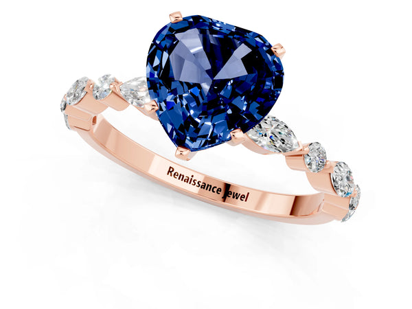 Rose gold Heart Cut Blue Sapphire Ring with Marquise and Round  Side Stones and Four-Prong Setting
