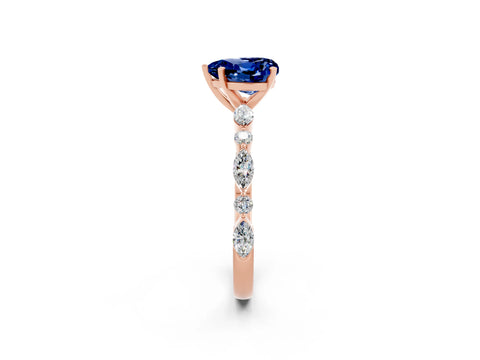 Rose gold Heart Cut Blue Sapphire Solitaire with Side Stones on a Pavé Band and Four-Prong Setting_2