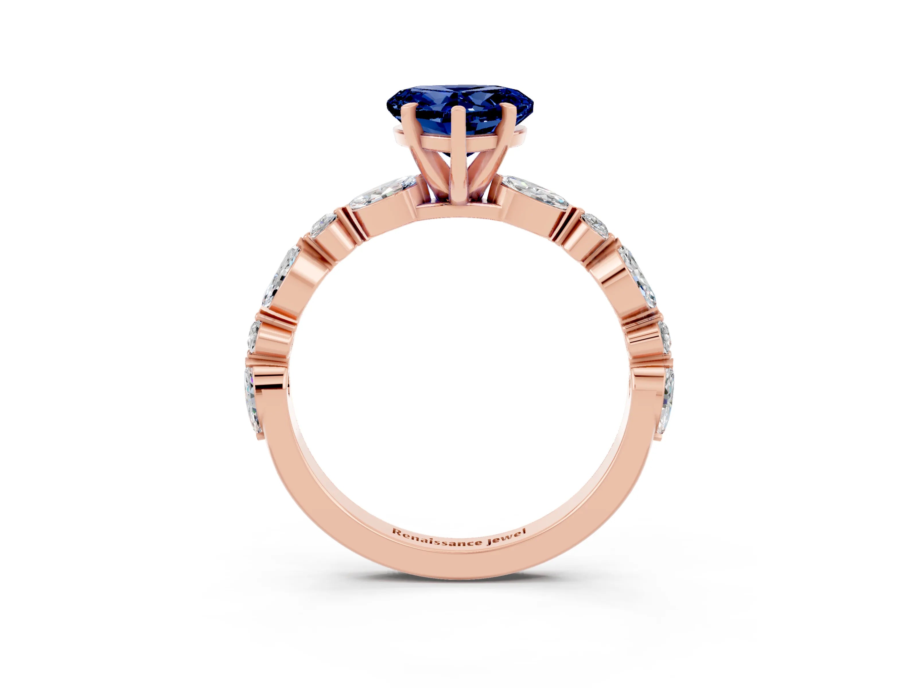 Rose gold Heart Cut Blue Sapphire Solitaire with Side Stones on a Pavé Band and Four-Prong Setting_3