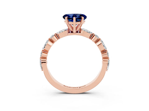 Rose gold Heart Cut Blue Sapphire Solitaire with Side Stones on a Pavé Band and Four-Prong Setting_3