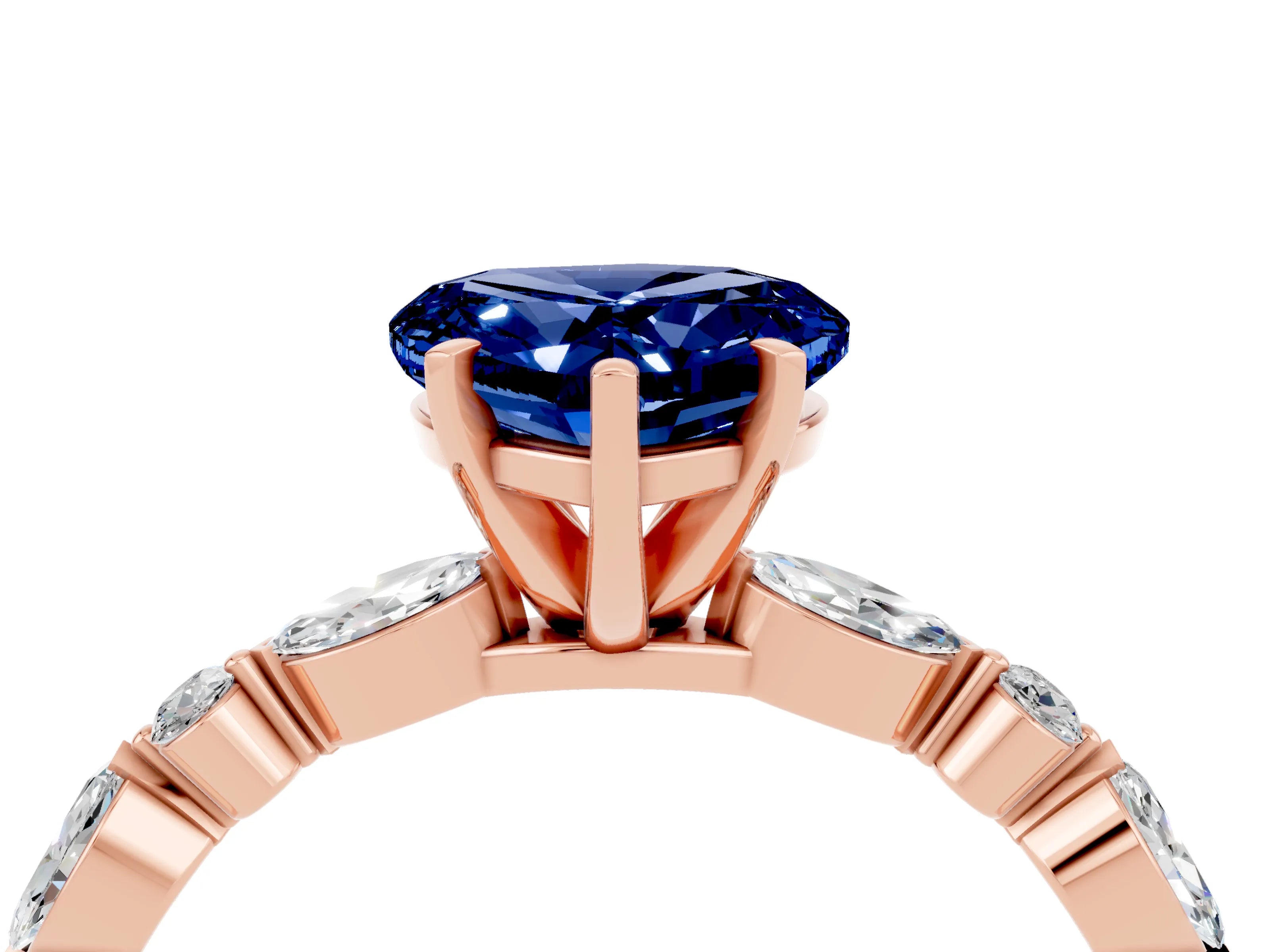Rose gold Heart Cut Blue Sapphire Solitaire with Side Stones on a Pavé Band and Four-Prong Setting_4