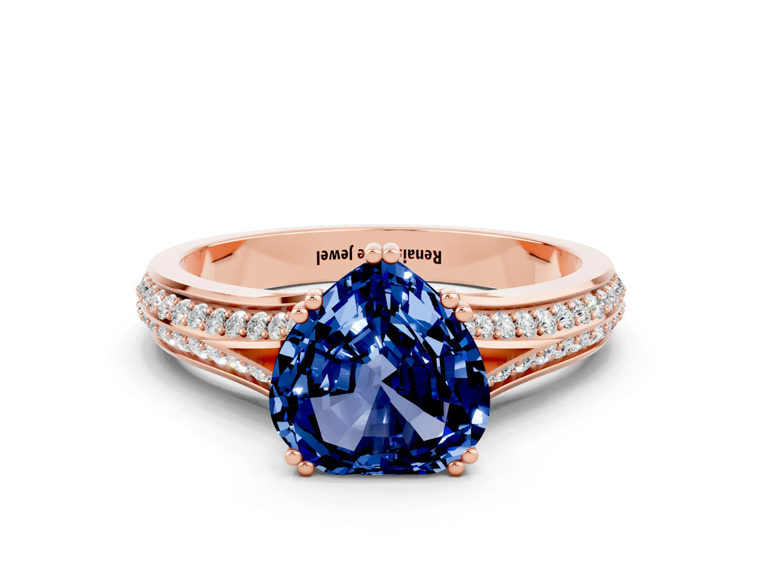 Rose gold Heart Cut Blue Sapphire Split Shank Engagement Ring with Pavé Band
